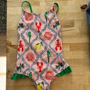 Mini Boden Pink One Piece with Lobster and Shell Print